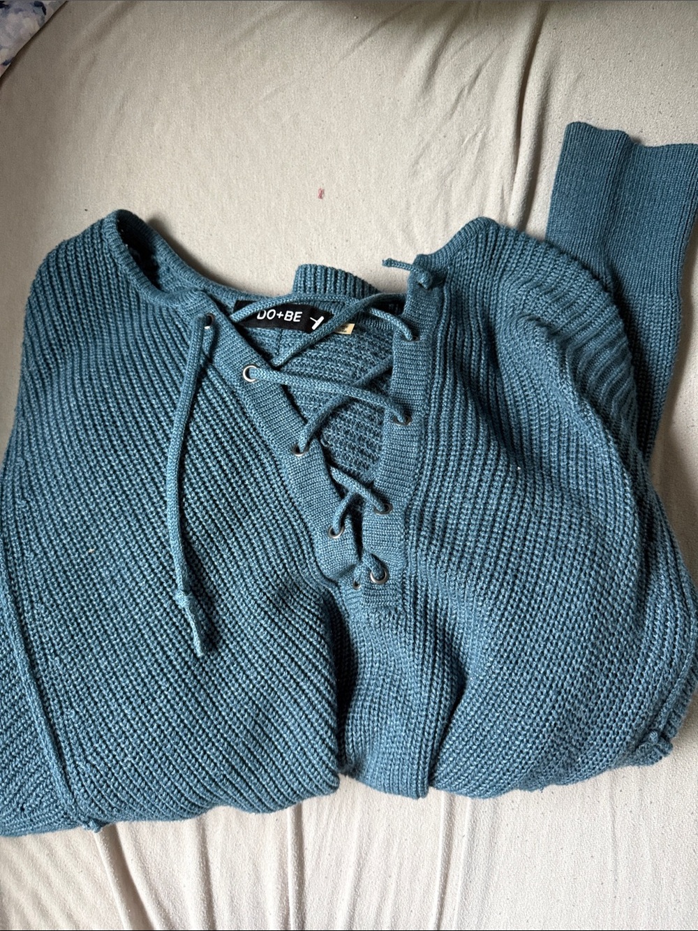 DO+BE Teal Lace-Up Knit Women's Sweater